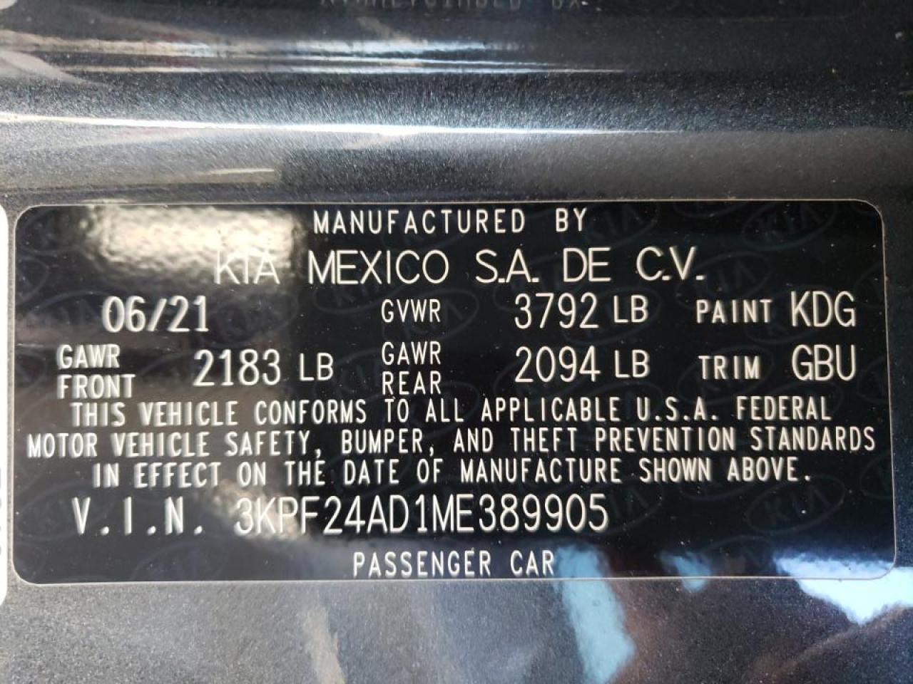 Photo 10 from auction – 2021 KIA FORTE FE with VIN 3KPF24AD1ME389905
