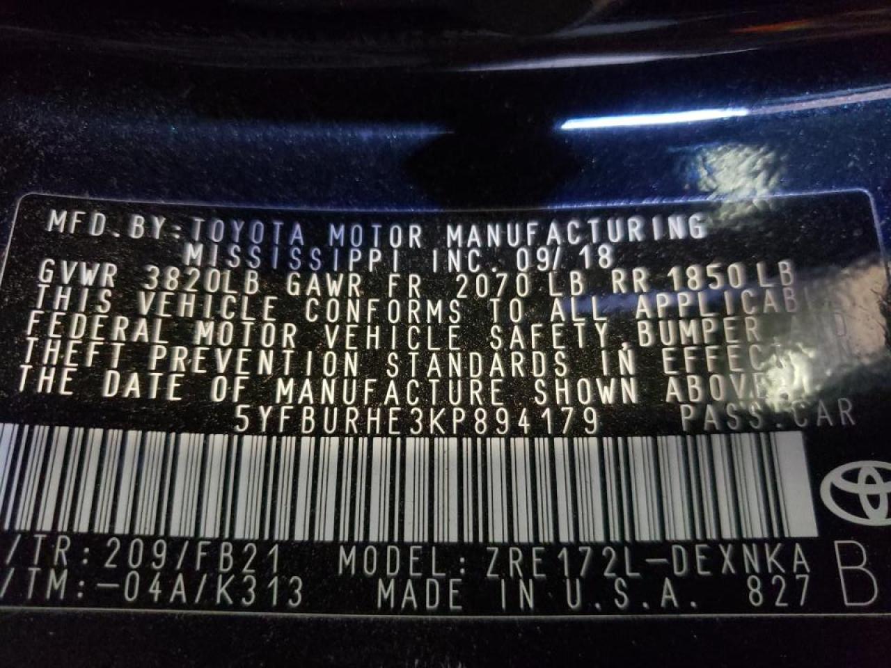 Photo 10 from auction – 2019 TOYOTA COROLLA L with VIN 5YFBURHE3KP894179