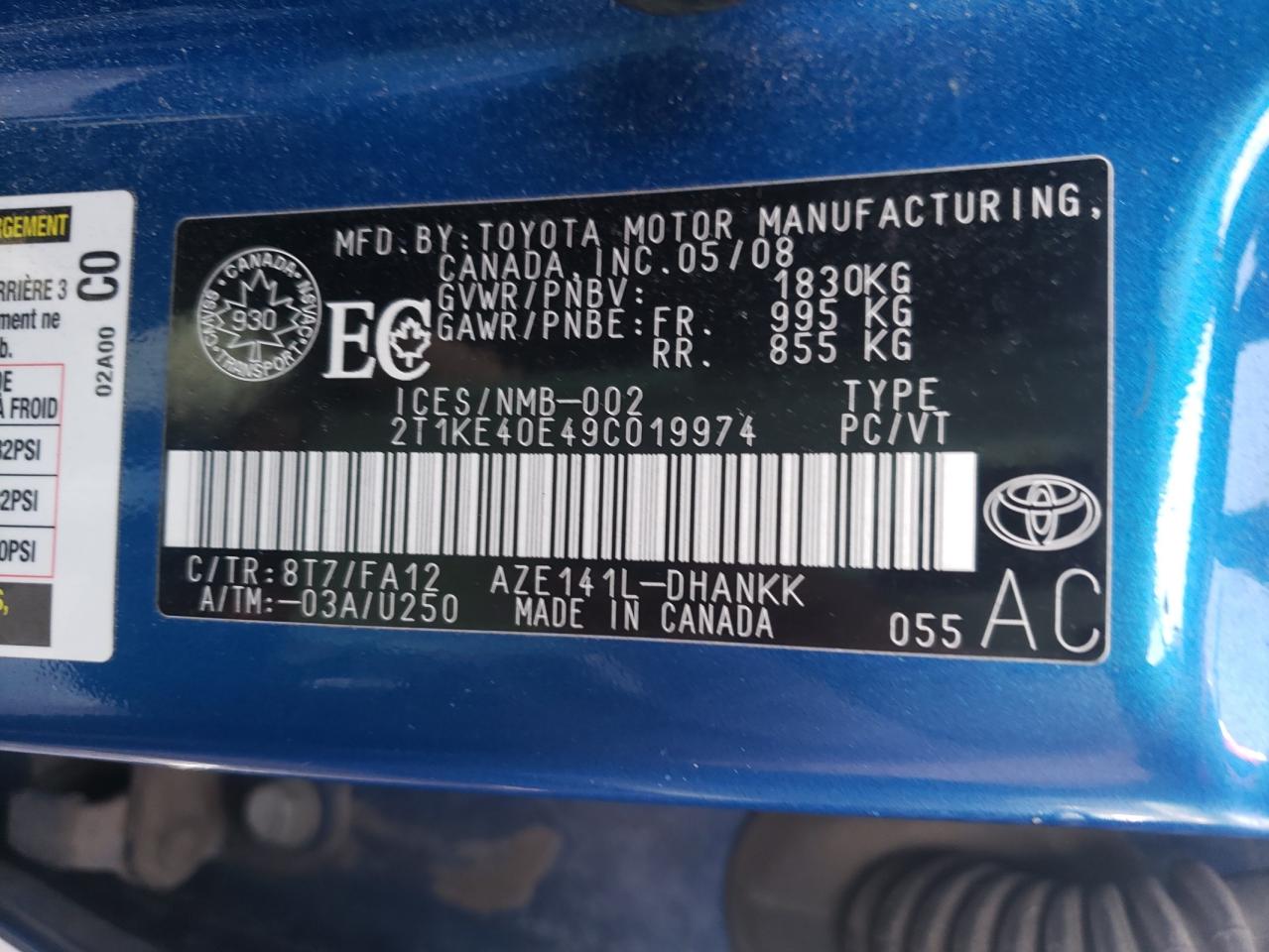 Photo 10 from auction – 2009 TOYOTA MATRIX with VIN 2T1KE40E49C019974