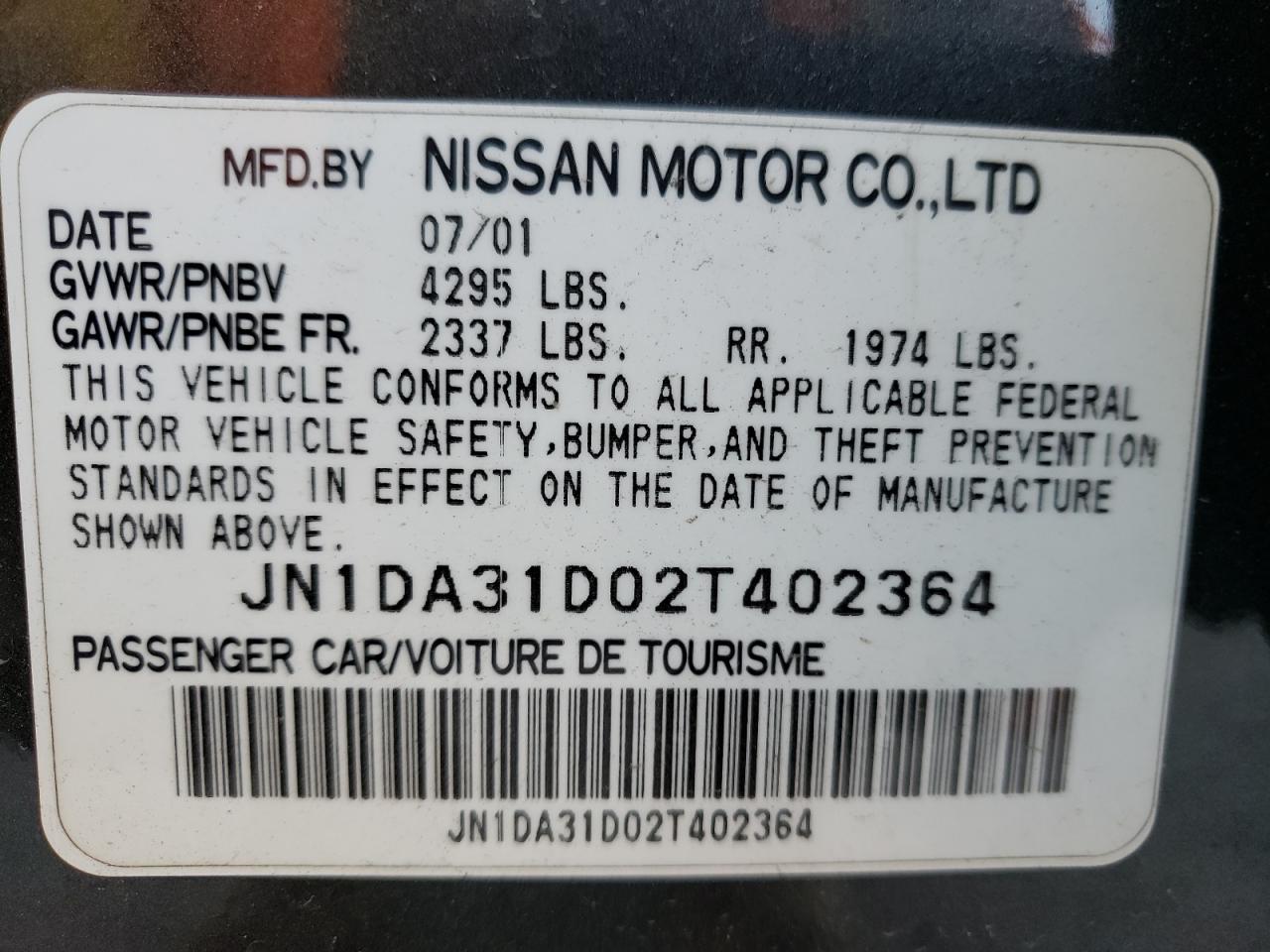 Photo 10 from auction – 2002 NISSAN MAXIMA GLE with VIN JN1DA31D02T402364