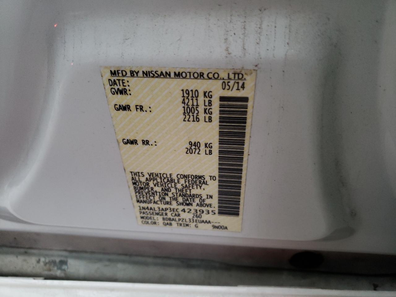 Photo 10 from auction – 2014 NISSAN ALTIMA 2.5 with VIN 1N4AL3AP3EC423935