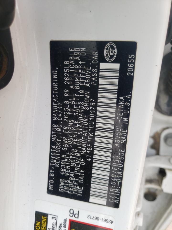 Photo 10 from auction – 2012 TOYOTA CAMRY BASE with VIN 4T1BF1FK1CU101787