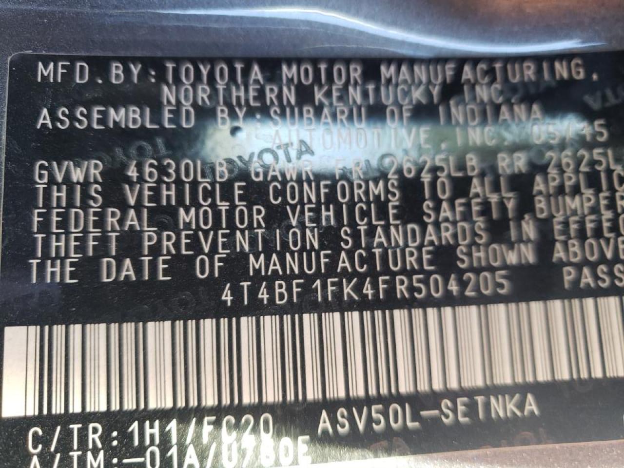 Photo 10 from auction – 2015 TOYOTA CAMRY LE with VIN 4T4BF1FK4FR504205