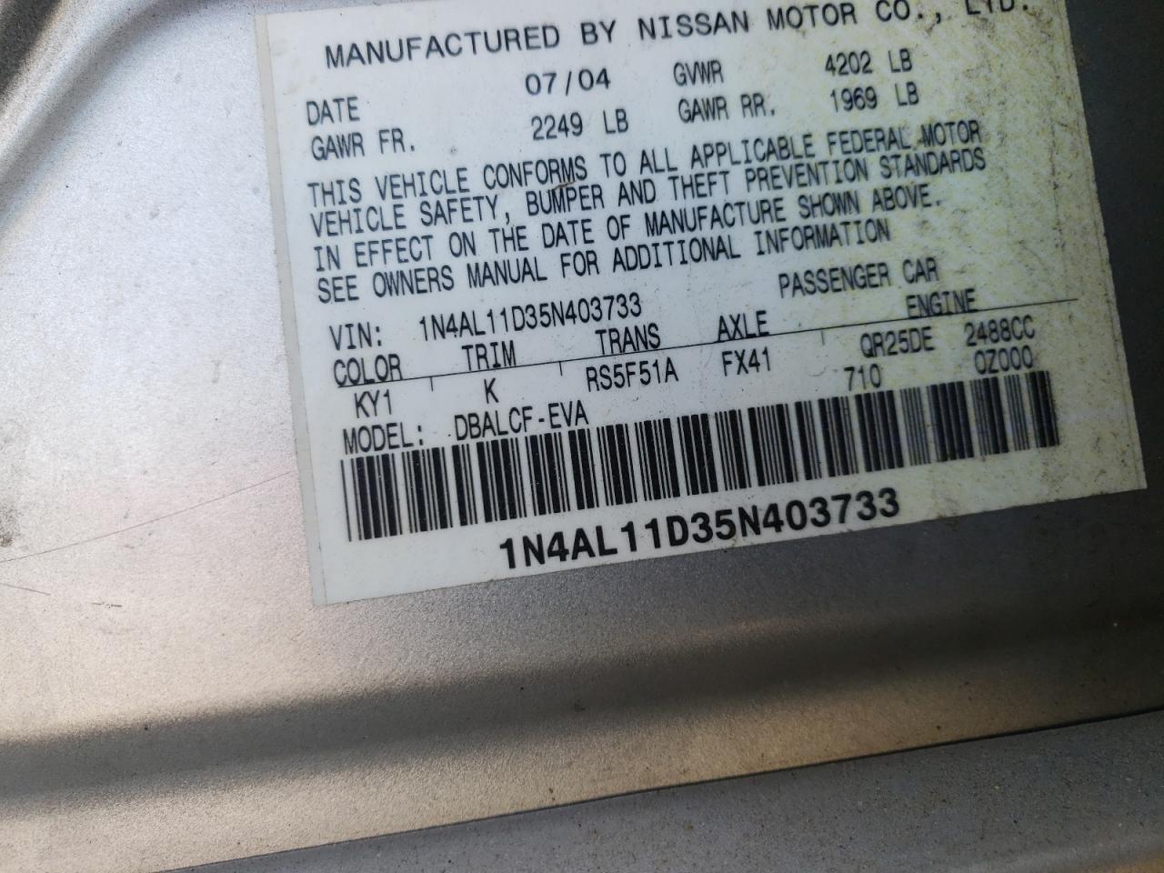 Photo 10 from auction – 2005 NISSAN ALTIMA S with VIN 1N4AL11D35N403733
