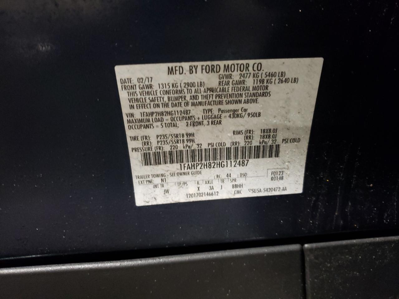 Photo 10 from auction – 2017 FORD TAURUS SEL with VIN 1FAHP2H82HG112487