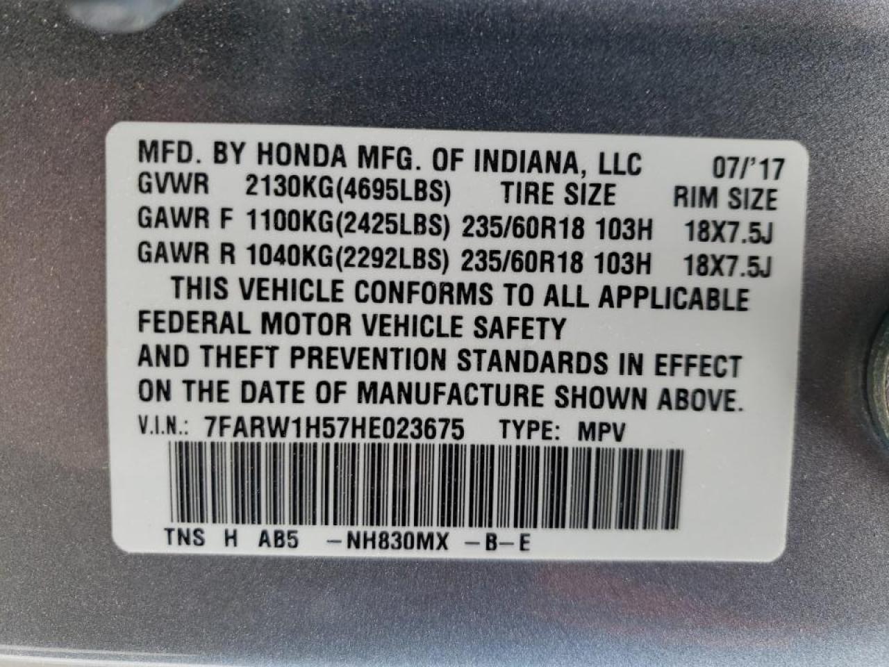 Photo 10 from auction – 2017 HONDA CR-V EX with VIN 7FARW1H57HE023675
