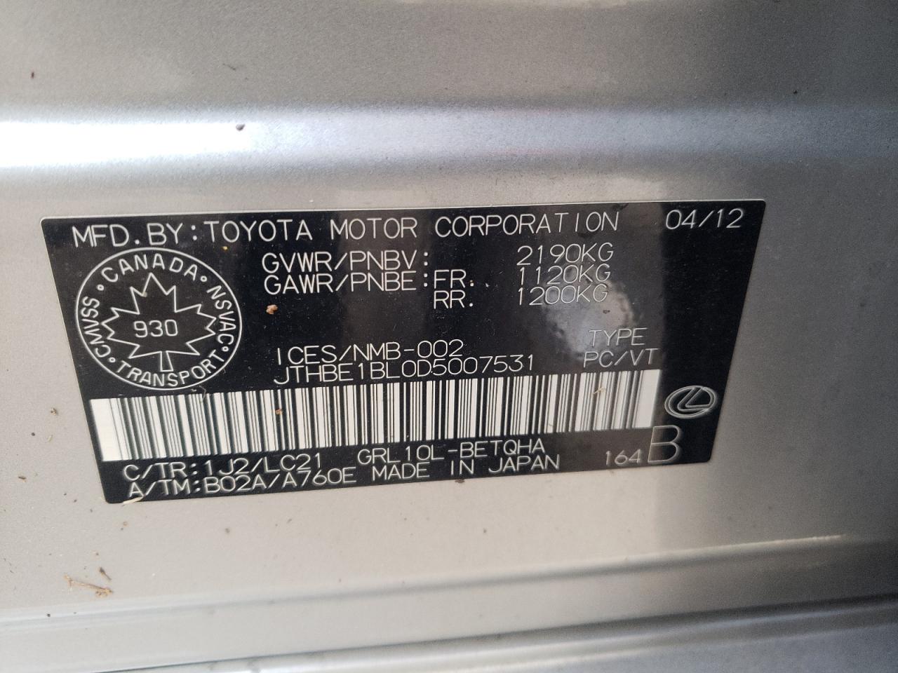 Photo 10 from auction – 2013 LEXUS GS 350 with VIN JTHBE1BL0D5007531