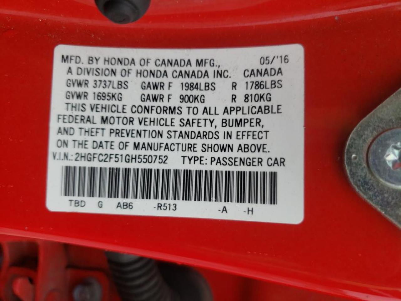 Photo 10 from auction – 2016 HONDA CIVIC LX with VIN 2HGFC2F51GH550752