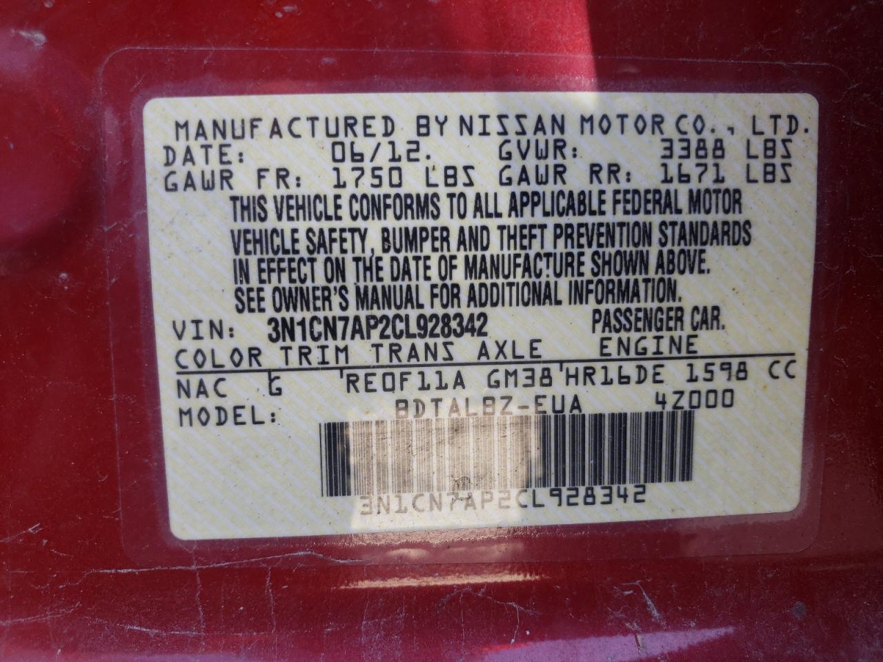 Photo 10 from auction – 2012 NISSAN VERSA S with VIN 3N1CN7AP2CL928342