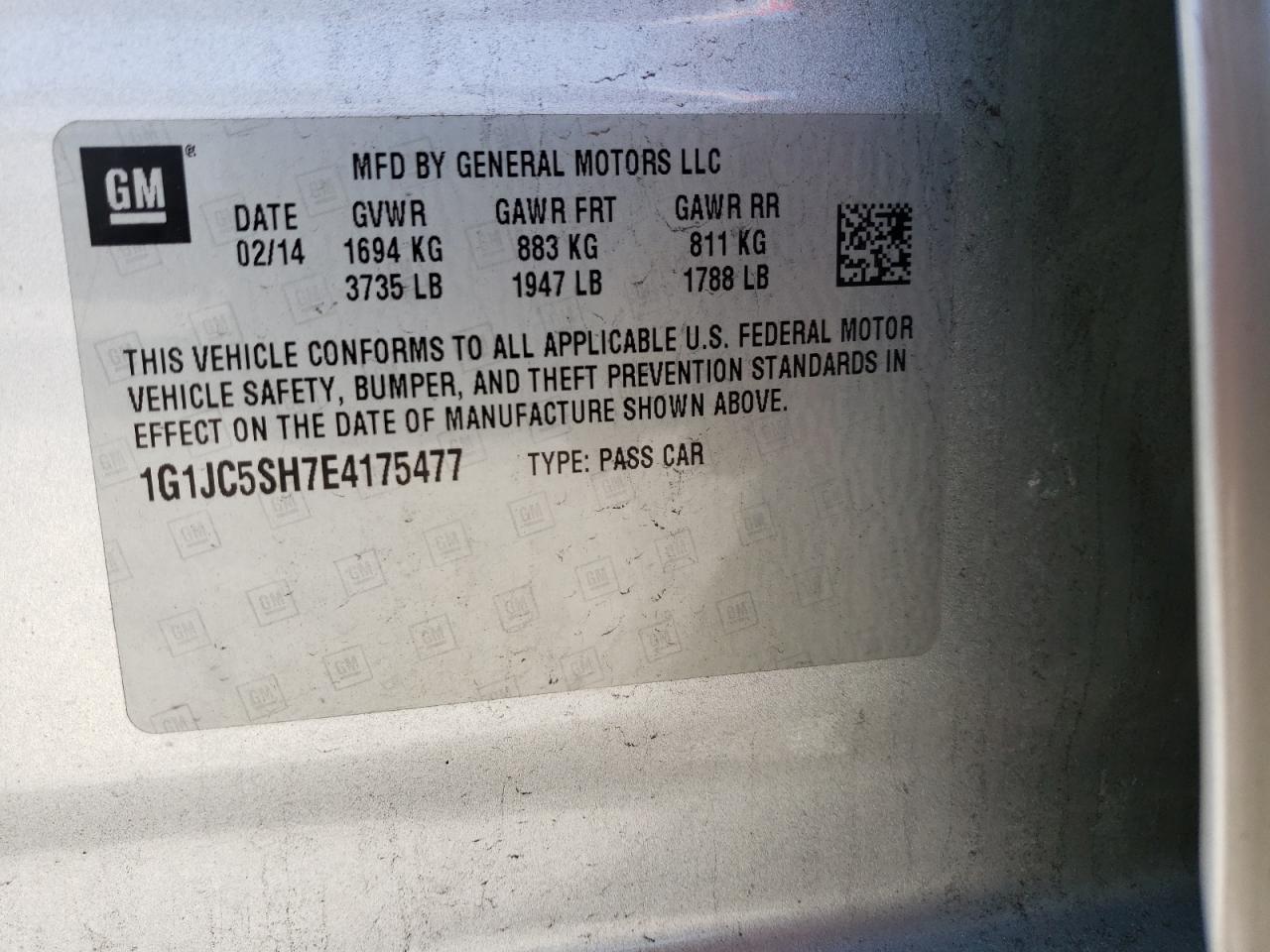 Photo 10 from auction – 2014 CHEVROLET SONIC LT with VIN 1G1JC5SH7E4175477