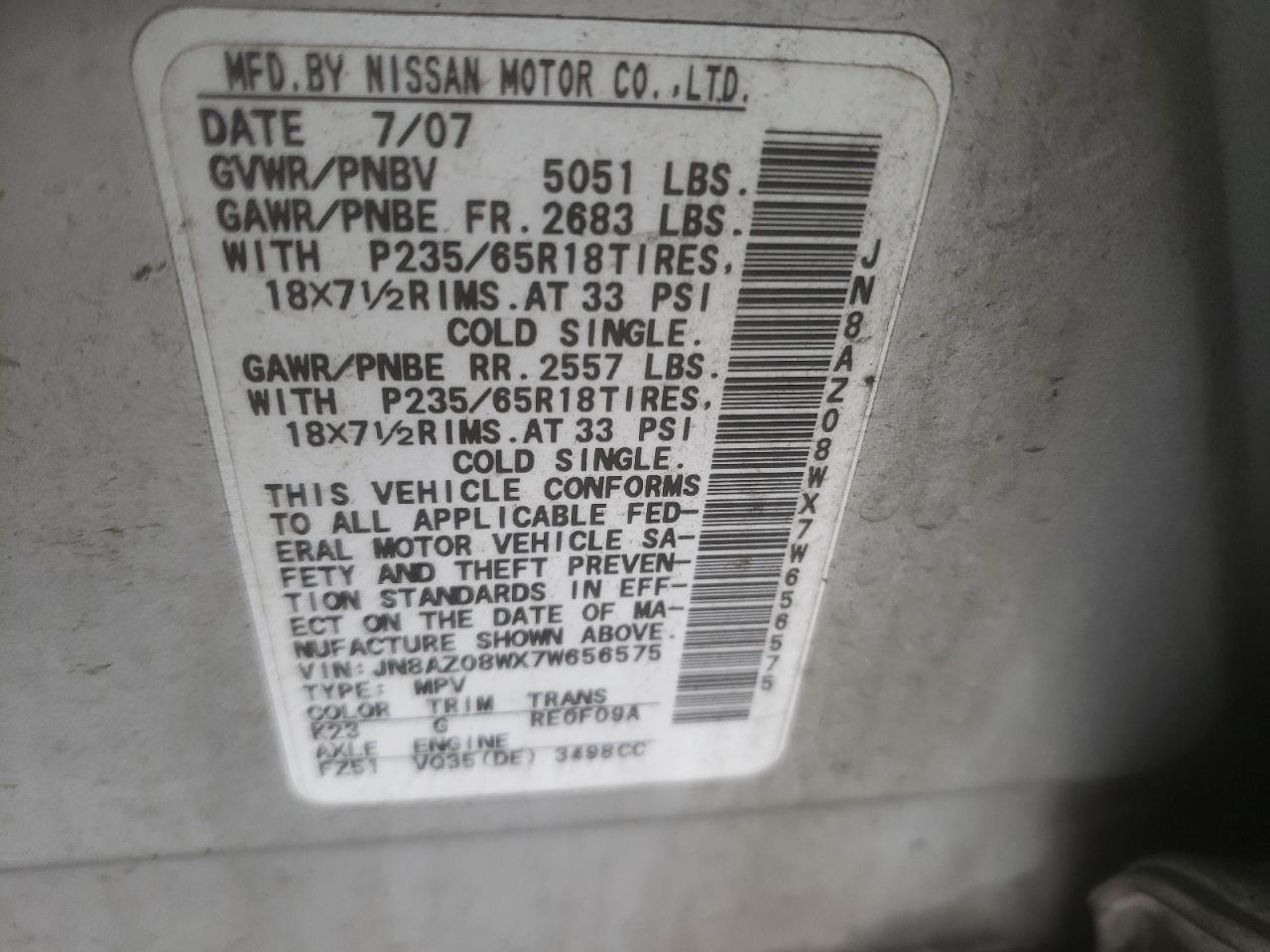 Photo 10 from auction – 2007 NISSAN MURANO SL with VIN JN8AZ08WX7W656575