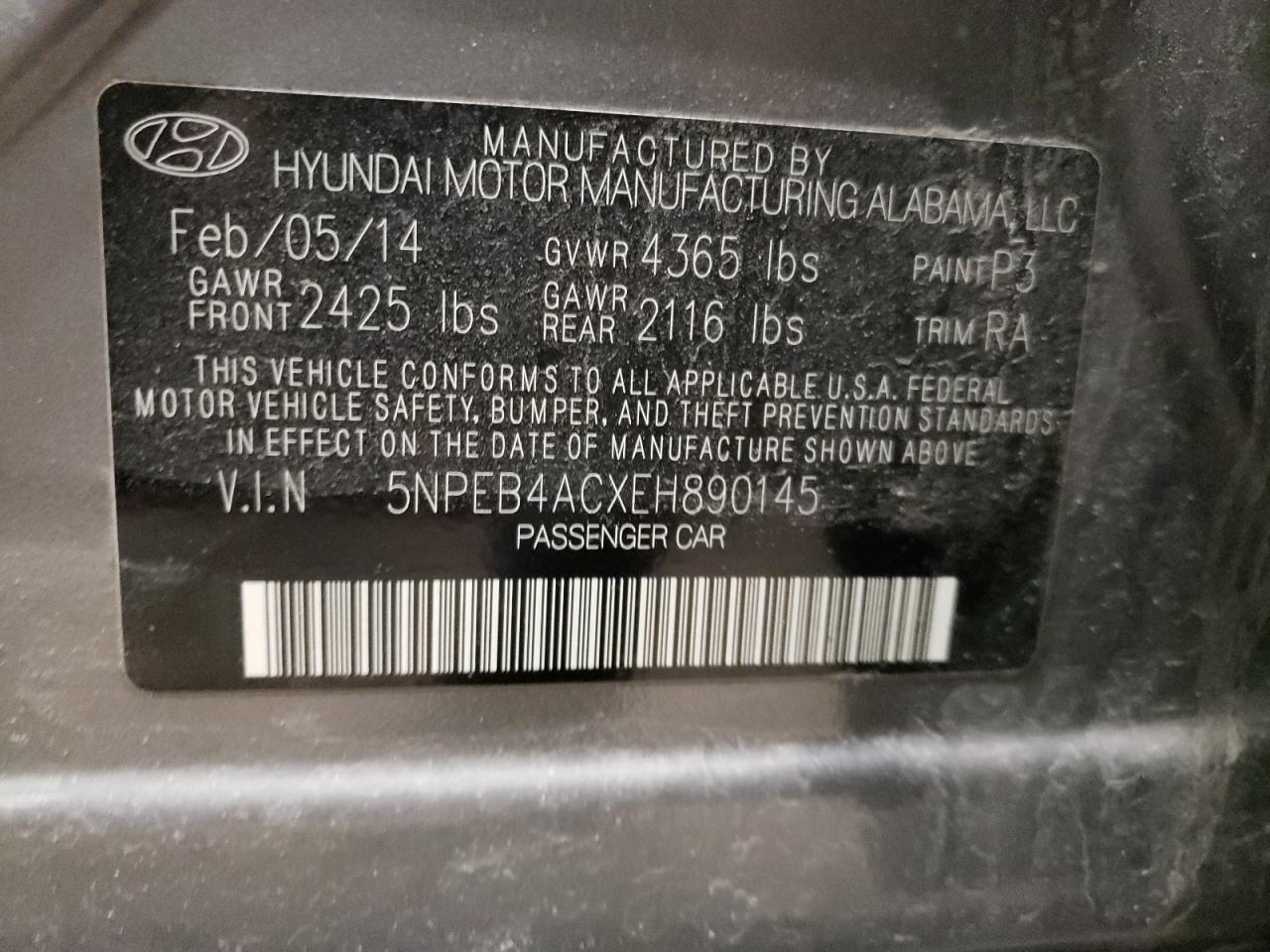 Photo 10 from auction – 2014 HYUNDAI SONATA GLS with VIN 5NPEB4ACXEH890145
