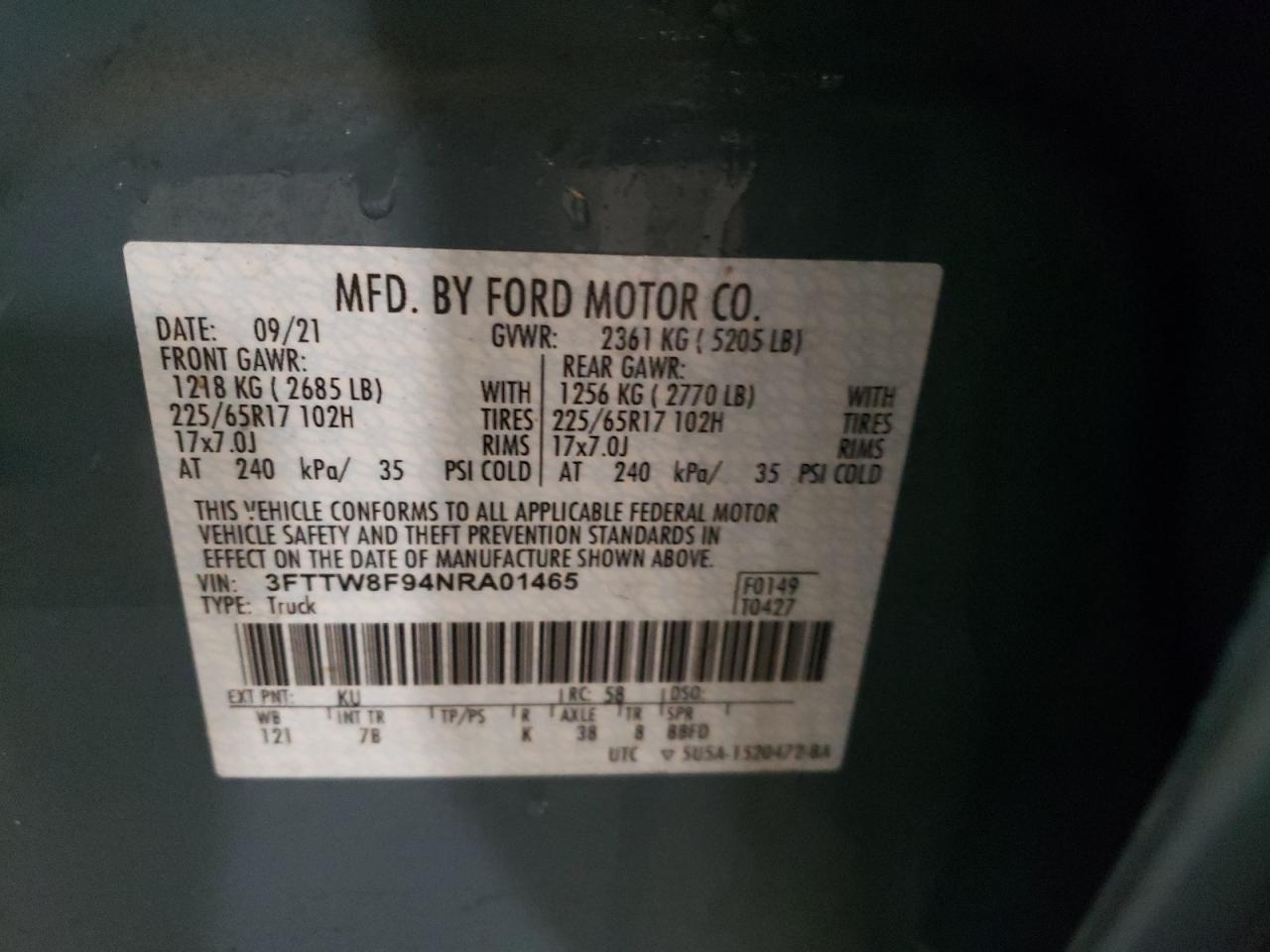 Photo 10 from auction – 2022 FORD MAVERICK X with VIN 3FTTW8F94NRA01465