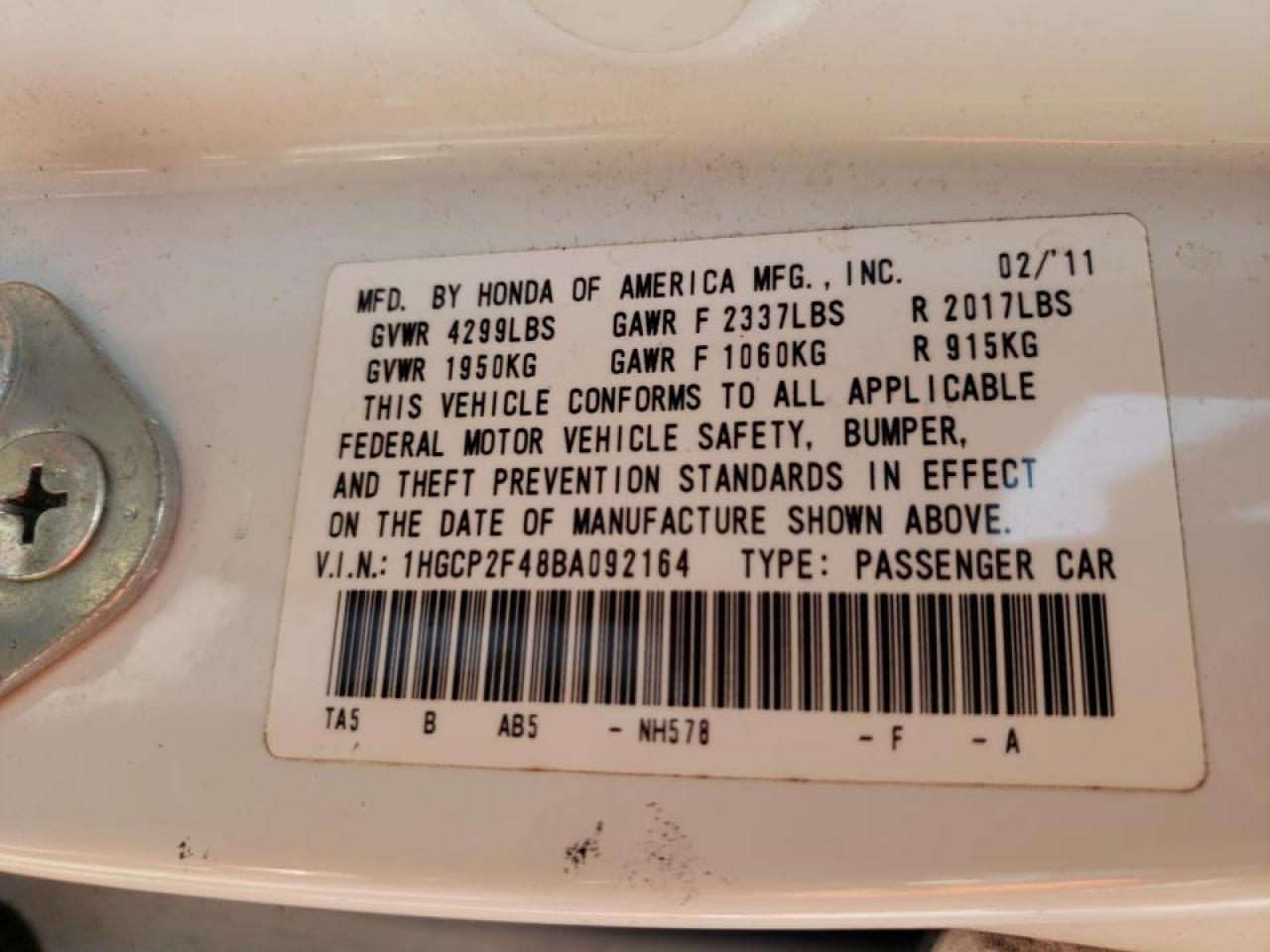Photo 10 from auction – 2011 HONDA ACCORD LXP with VIN 1HGCP2F48BA092164