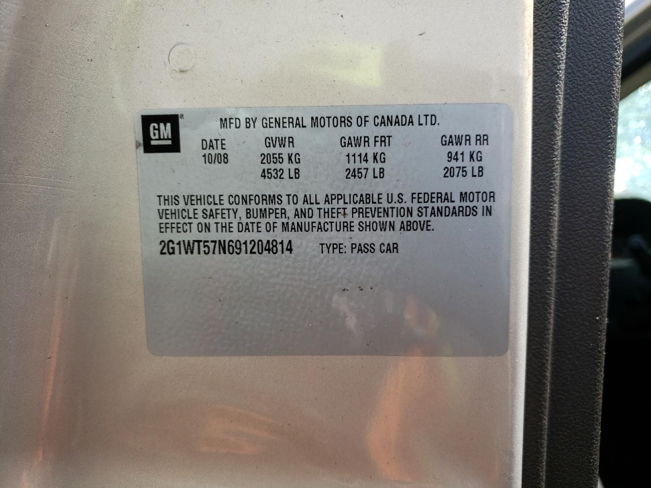 Photo 10 from auction – 2009 CHEVROLET IMPALA 1LT with VIN 2G1WT57N691204814