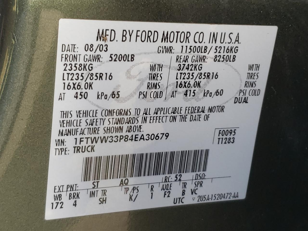 Photo 10 from auction – 2004 FORD F350 SUPER with VIN 1FTWW33P84EA30679