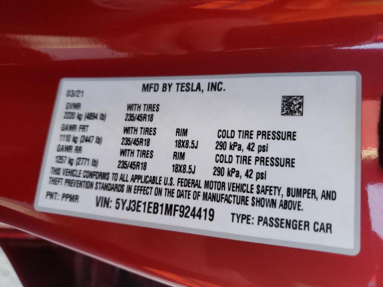 Photo 10 from auction – 2021 TESLA MODEL 3 with VIN 5YJ3E1EB1MF924419