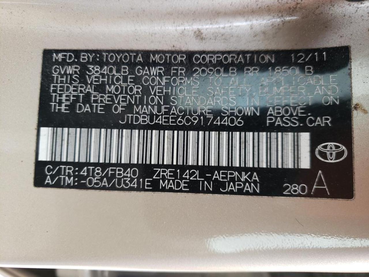 Photo 10 from auction – 2012 TOYOTA COROLLA BA with VIN JTDBU4EE6C9174406