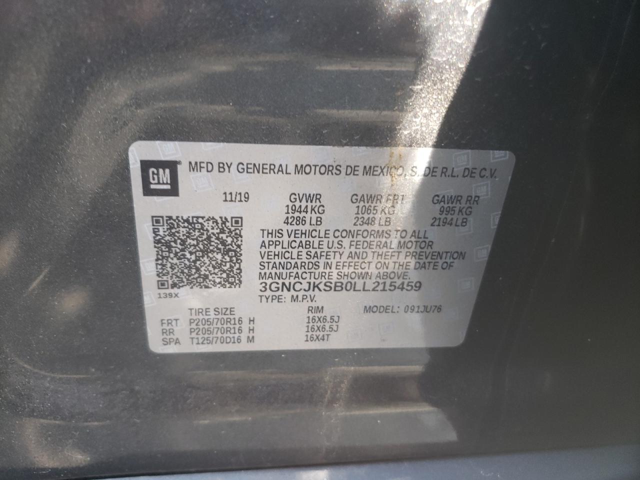 Photo 10 from auction – 2020 CHEVROLET TRAX LS with VIN 3GNCJKSB0LL215459