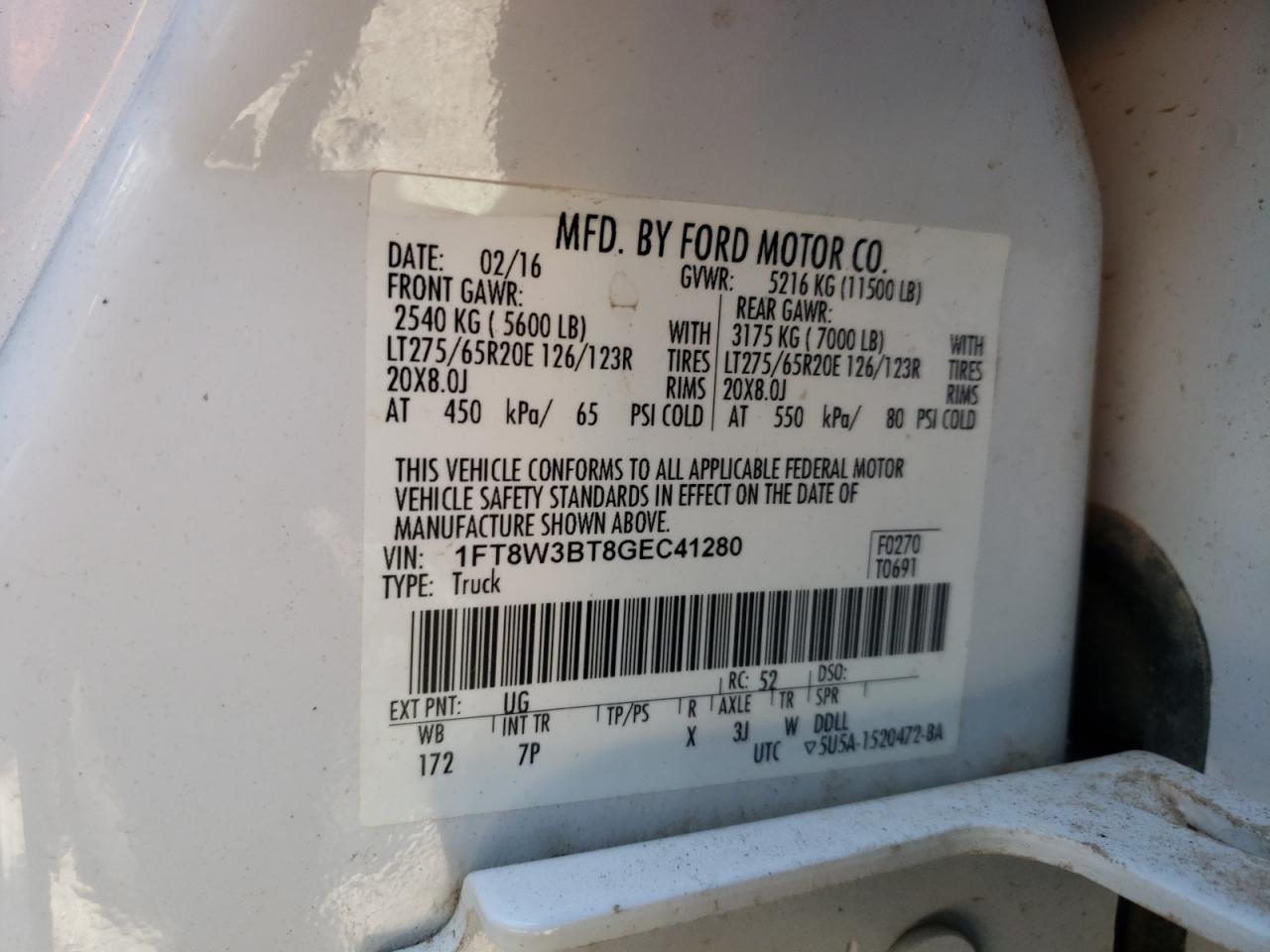 Photo 10 from auction – 2016 FORD F350 SUPER with VIN 1FT8W3BT8GEC41280