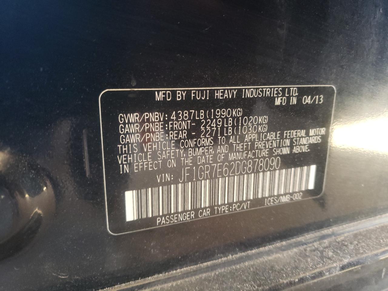 Photo 10 from auction – 2013 SUBARU IMPREZA WR with VIN JF1GR7E62DG878090