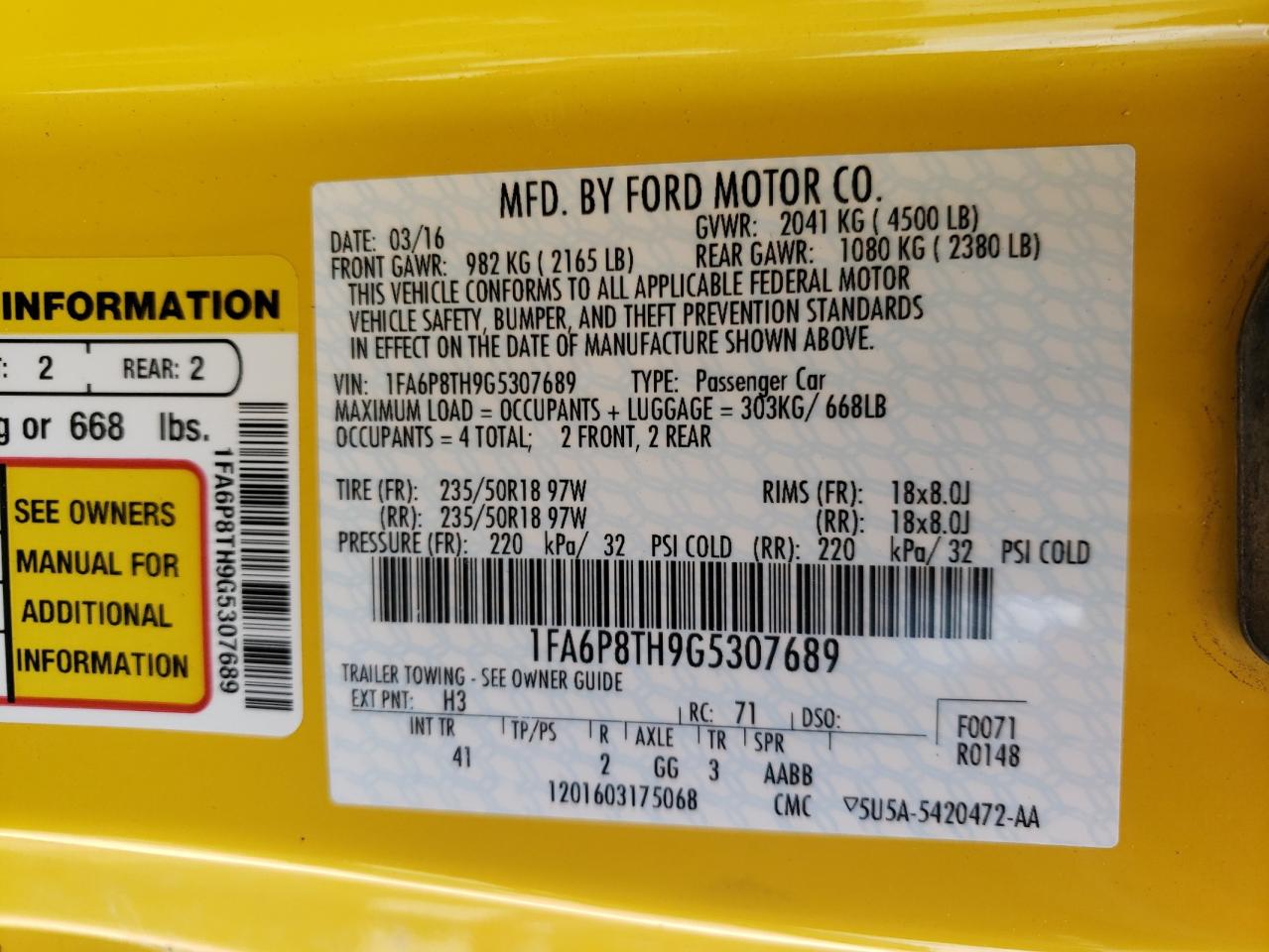 Photo 10 from auction – 2016 FORD MUSTANG with VIN 1FA6P8TH9G5307689