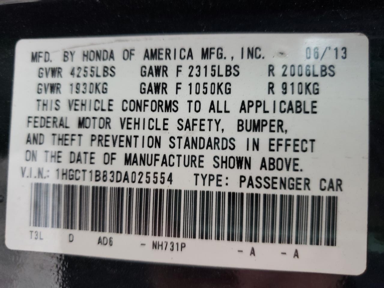 Photo 10 from auction – 2013 HONDA ACCORD EXL with VIN 1HGCT1B83DA025554