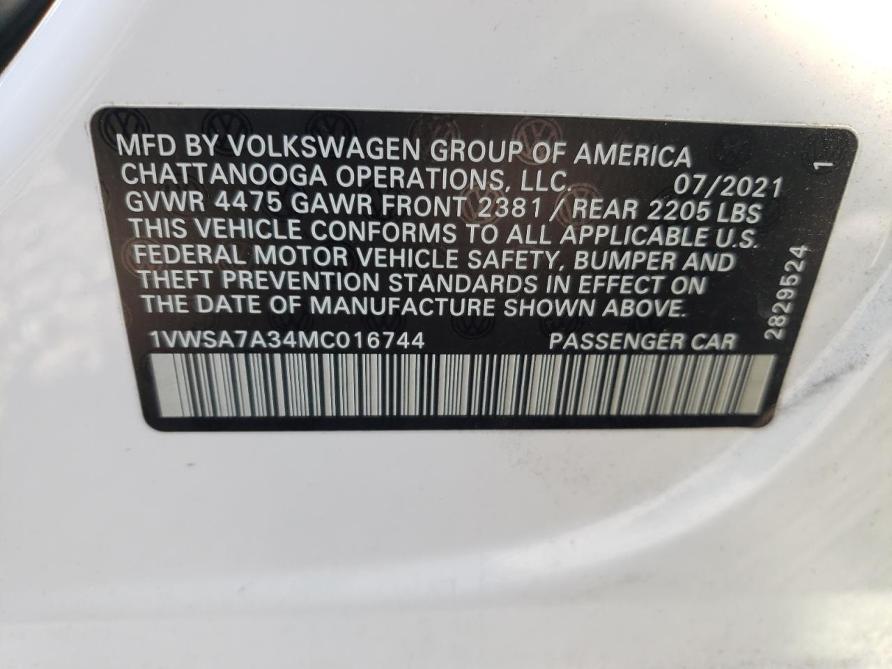 Photo 10 from auction – 2021 VOLKSWAGEN PASSAT SE with VIN 1VWSA7A34MC016744