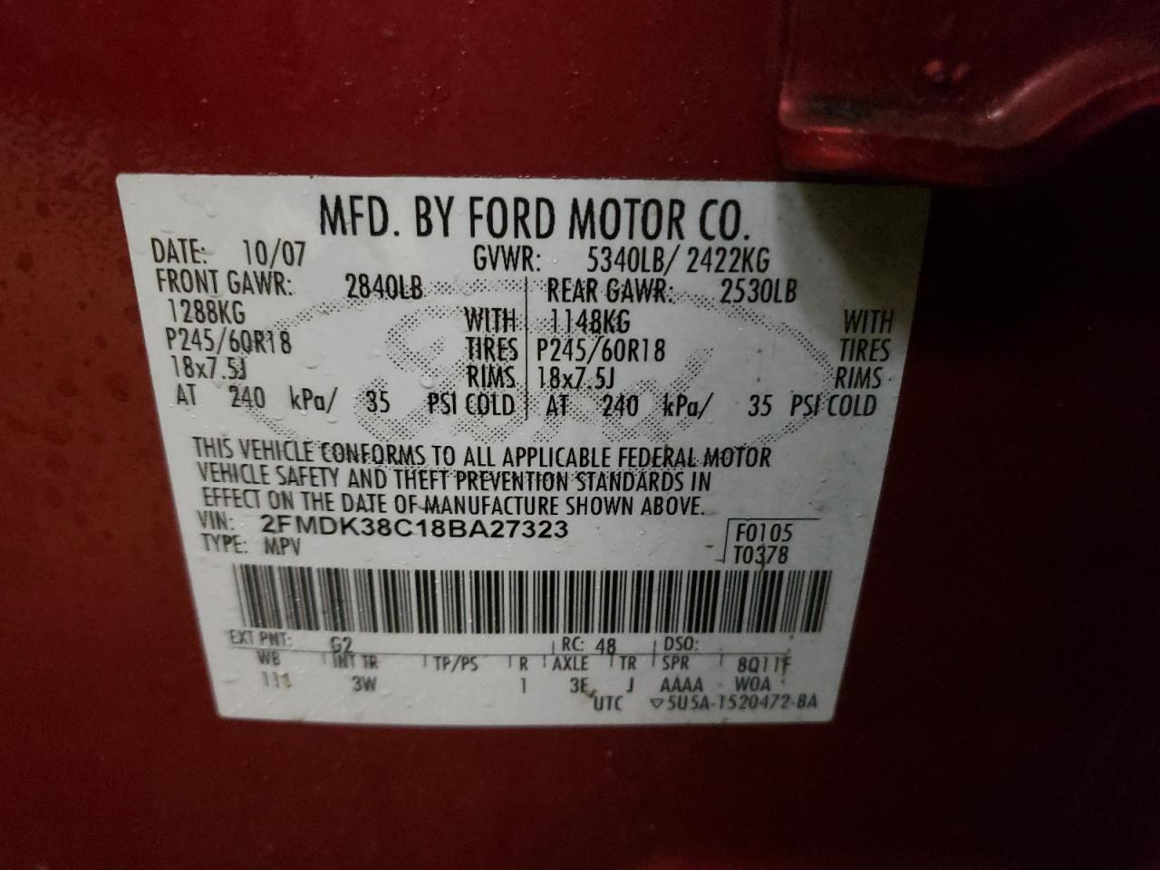 Photo 10 from auction – 2008 FORD EDGE SEL with VIN 2FMDK38C18BA27323