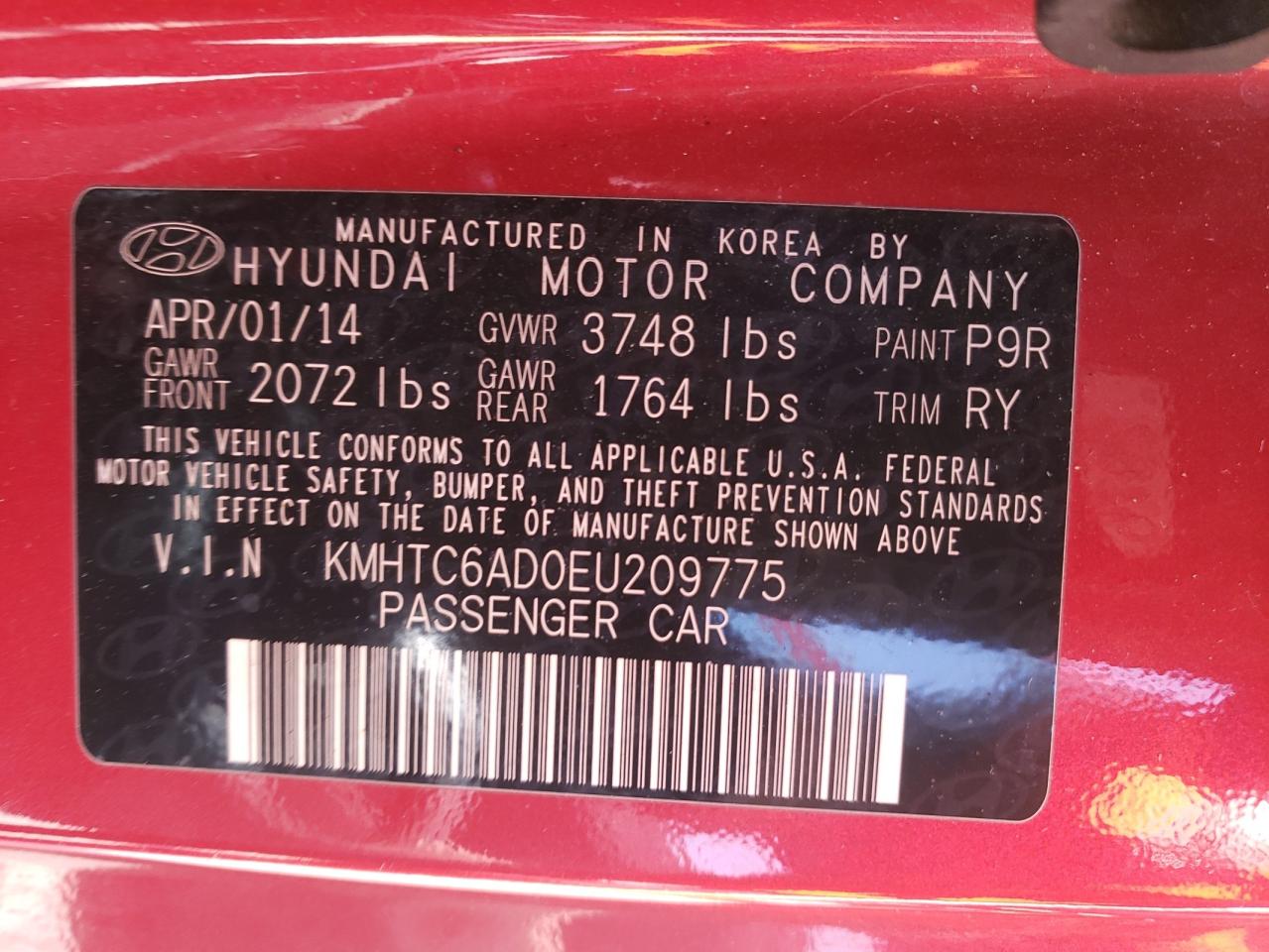 Photo 10 from auction – 2014 HYUNDAI VELOSTER with VIN KMHTC6AD0EU209775