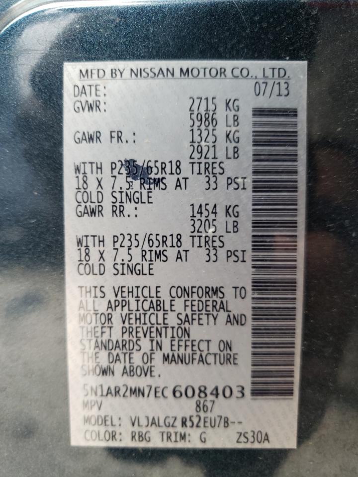 Photo 10 from auction – 2014 NISSAN PATHFINDER with VIN 5N1AR2MN7EC608403