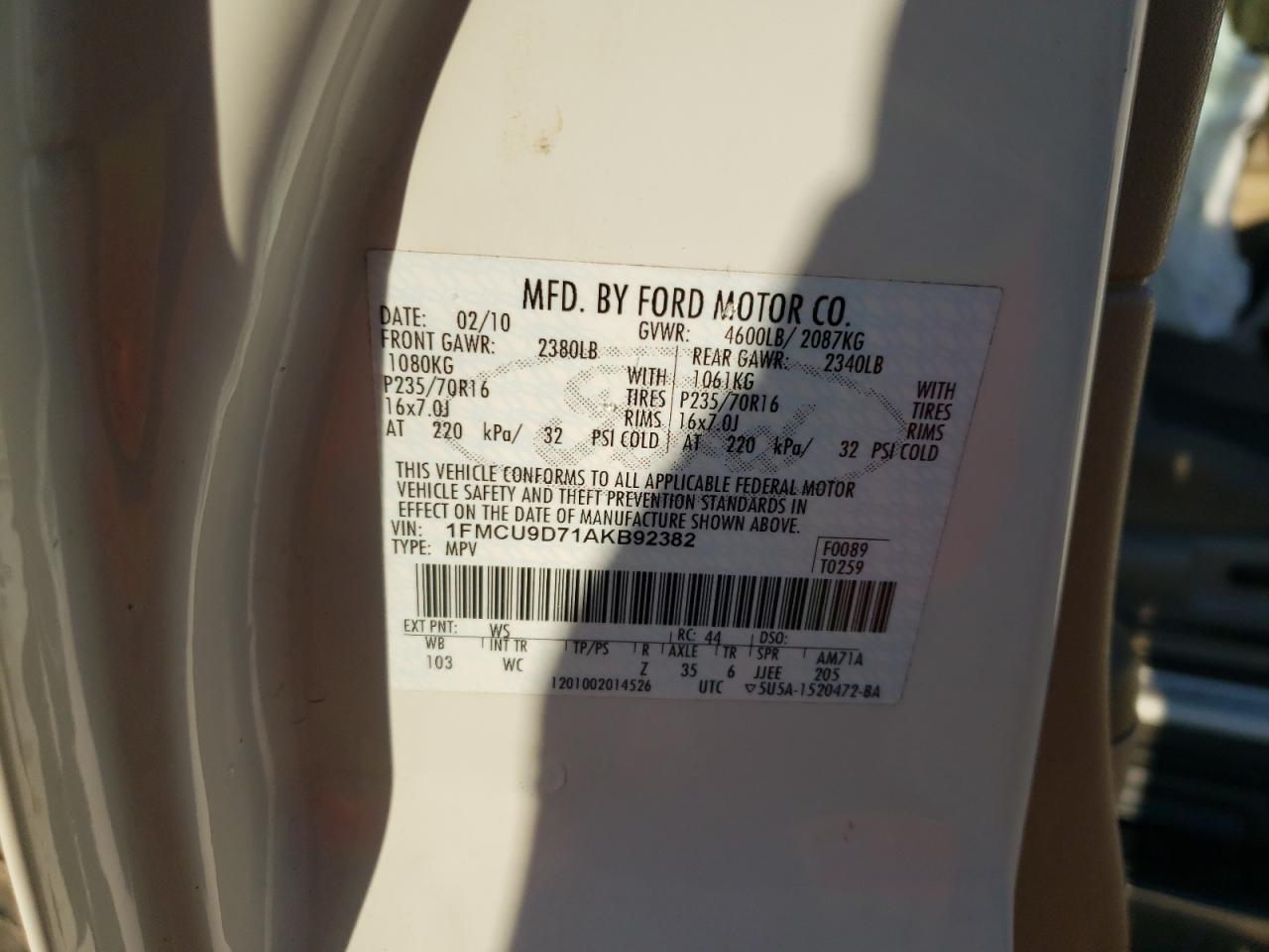 Photo 10 from auction – 2010 FORD ESCAPE XLT with VIN 1FMCU9D71AKB92382