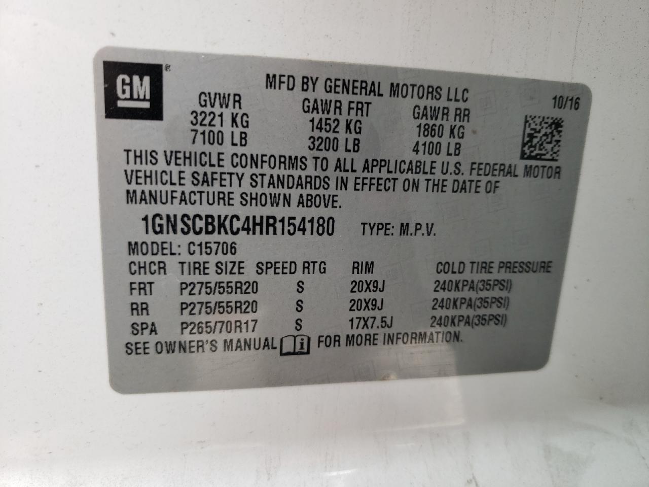 Photo 10 from auction – 2017 CHEVROLET TAHOE C150 with VIN 1GNSCBKC4HR154180