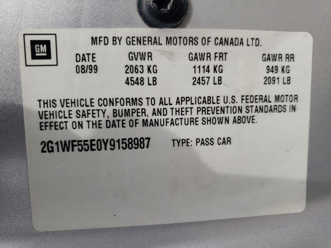 صورة رقم 10 من المزاد - 2000 CHEVROLET IMPALA مع VIN 2G1WF55E0Y9158987