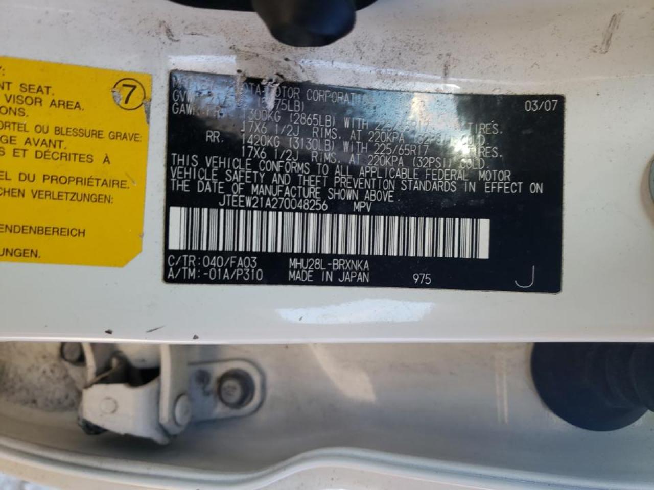 Foto 10 de la subasta – 2007 TOYOTA HIGHLANDER con VIN JTEEW21A270048256