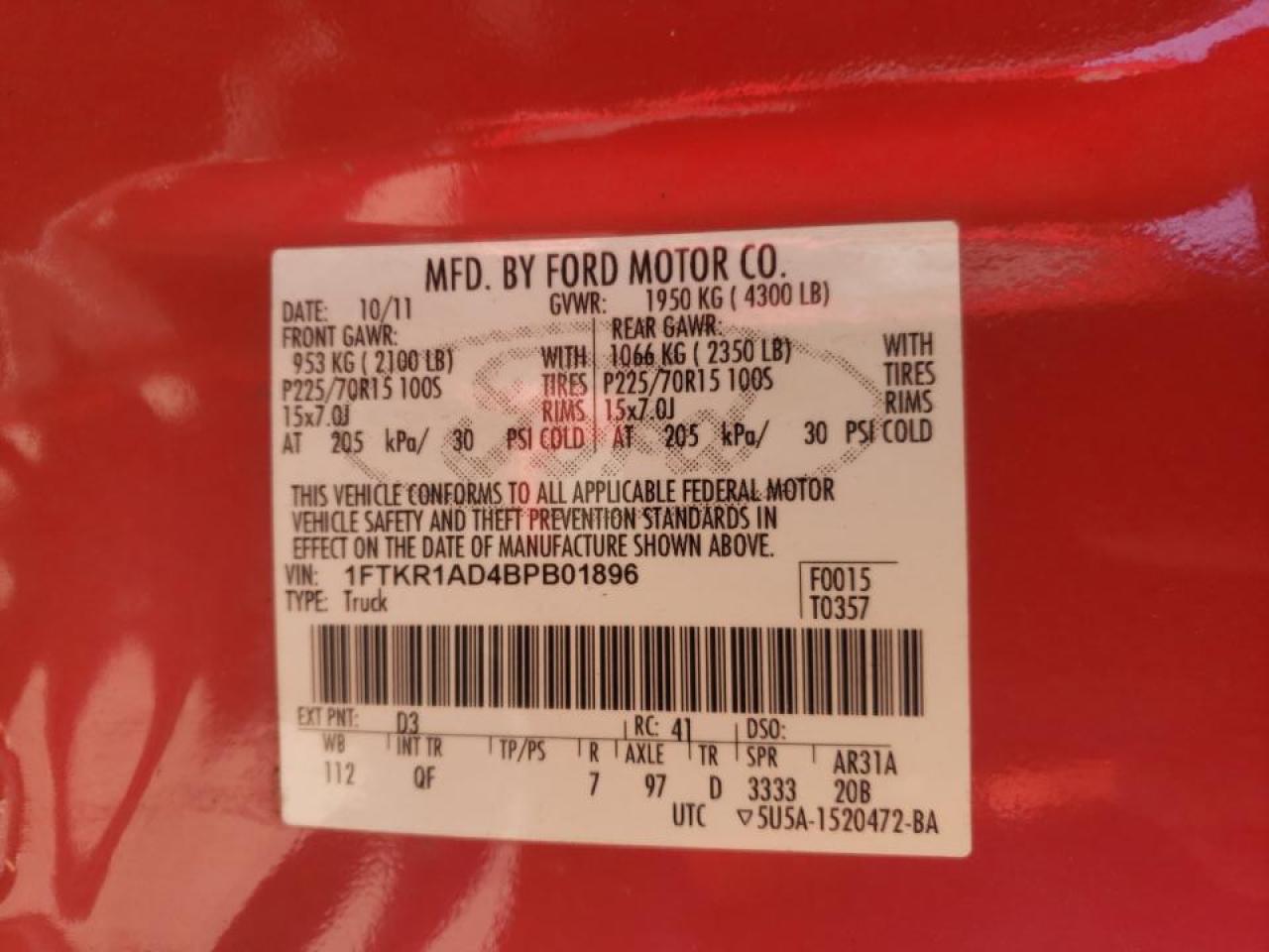 Photo 10 from auction – 2011 FORD RANGER with VIN 1FTKR1AD4BPB01896