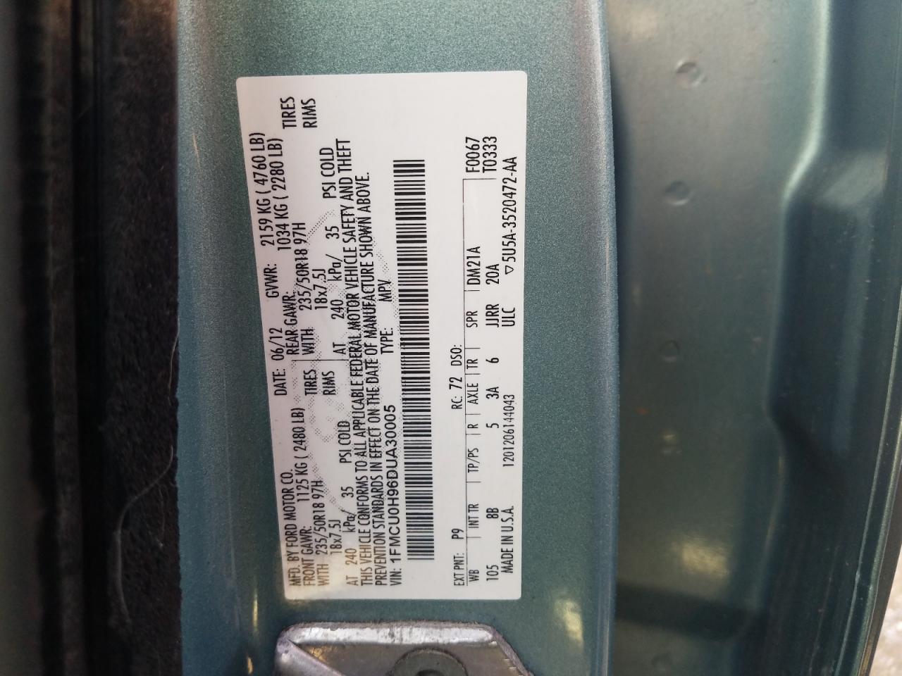 Photo 10 from auction – 2013 FORD ESCAPE SEL with VIN 1FMCU0H96DUA30005
