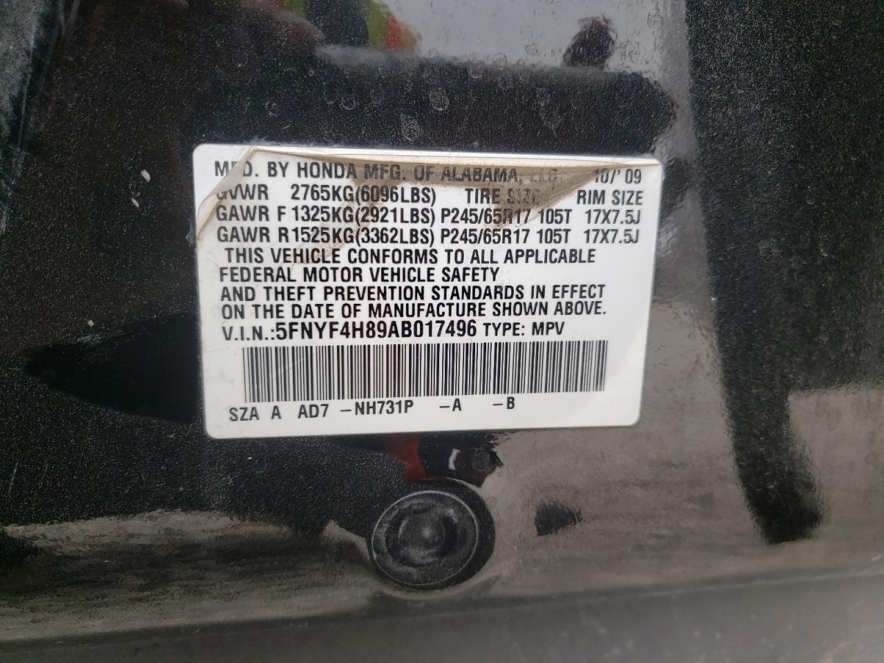 Photo 10 from auction – 2010 HONDA PILOT TOUR with VIN 5FNYF4H89AB017496