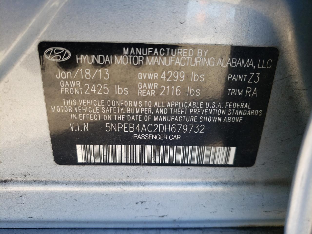 Photo 10 from auction – 2013 HYUNDAI SONATA GLS with VIN 5NPEB4AC2DH679732