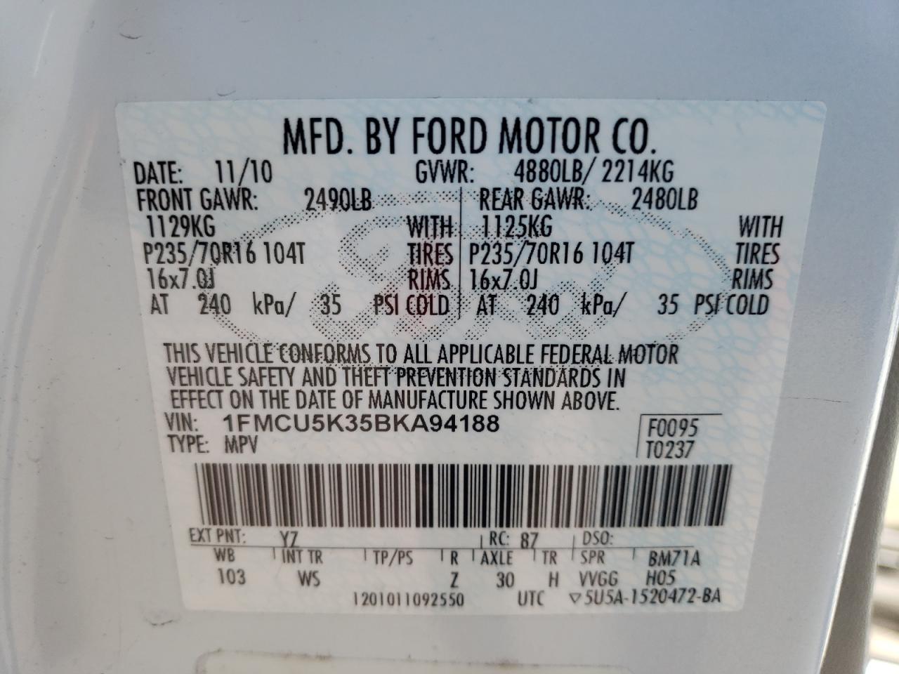 Photo 10 from auction – 2011 FORD ESCAPE HYB with VIN 1FMCU5K35BKA94188