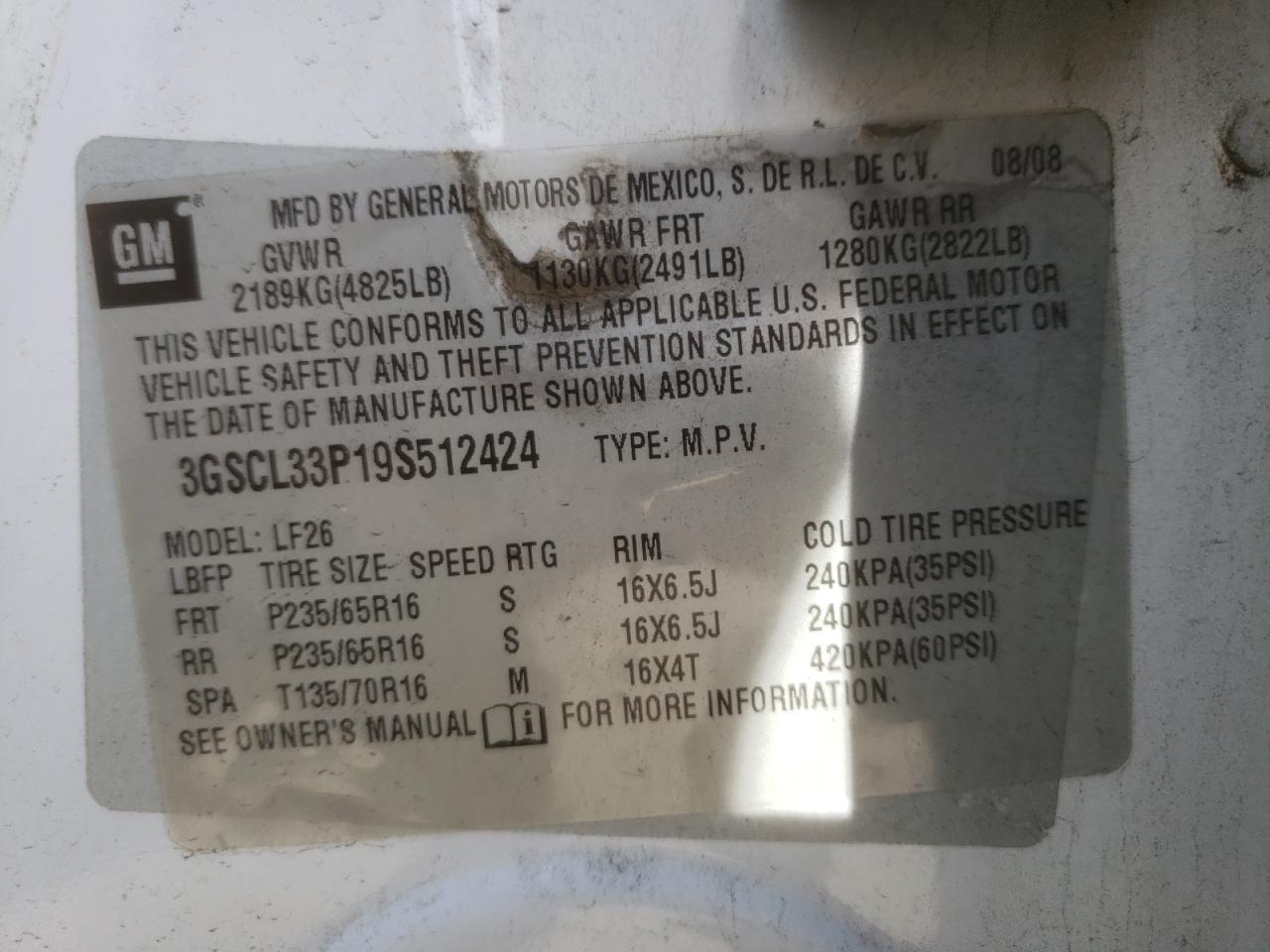 Photo 10 from auction – 2009 SATURN VUE XE with VIN 3GSCL33P19S512424