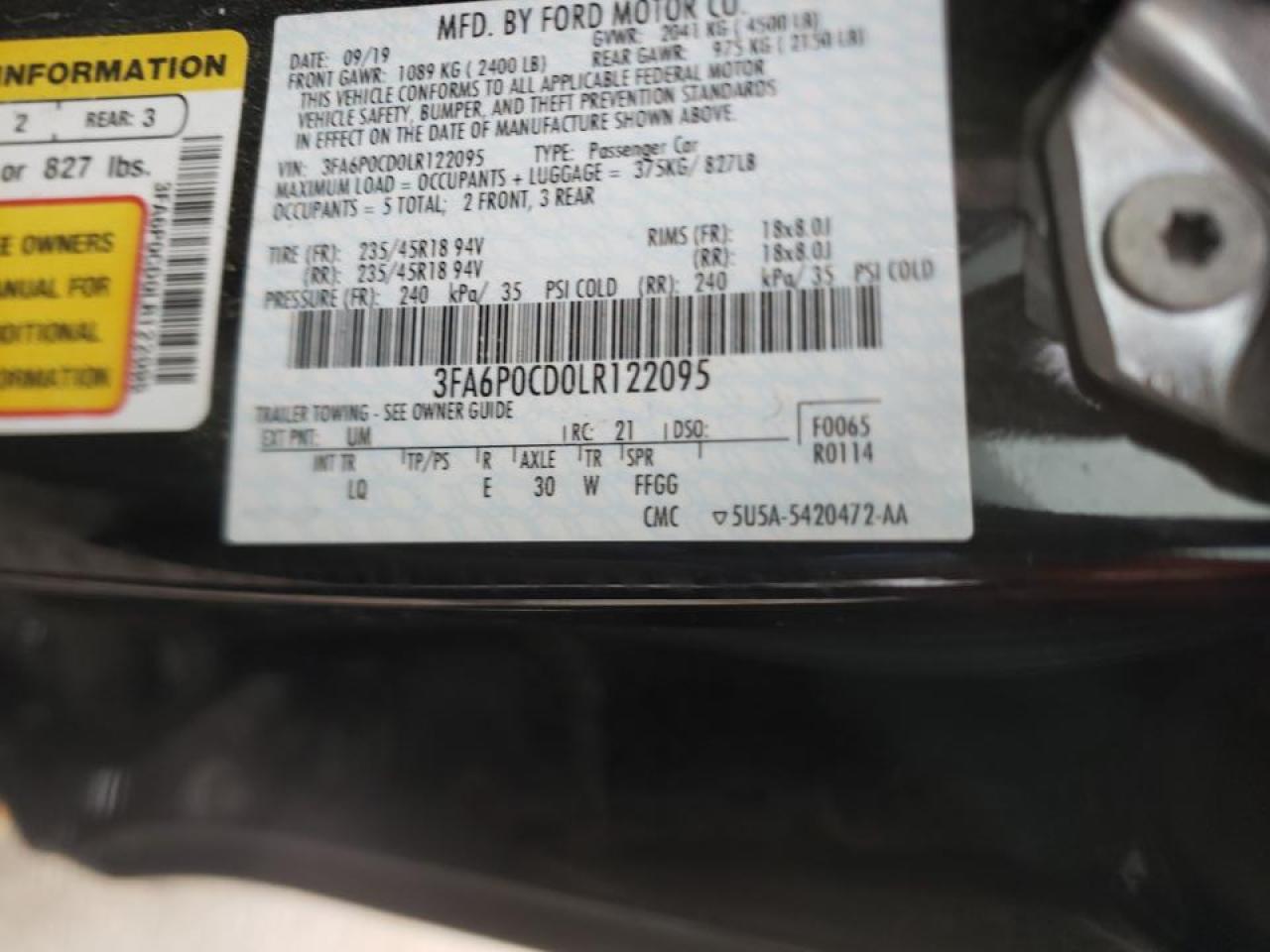 Photo 10 from auction – 2020 FORD FUSION SEL with VIN 3FA6P0CD0LR122095