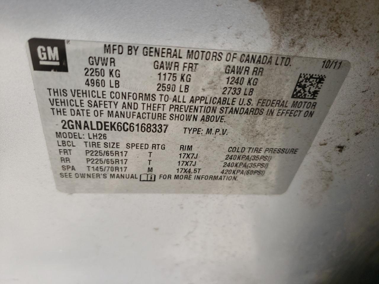 Photo 10 from auction – 2012 CHEVROLET EQUINOX LT with VIN 2GNALDEK6C6168337