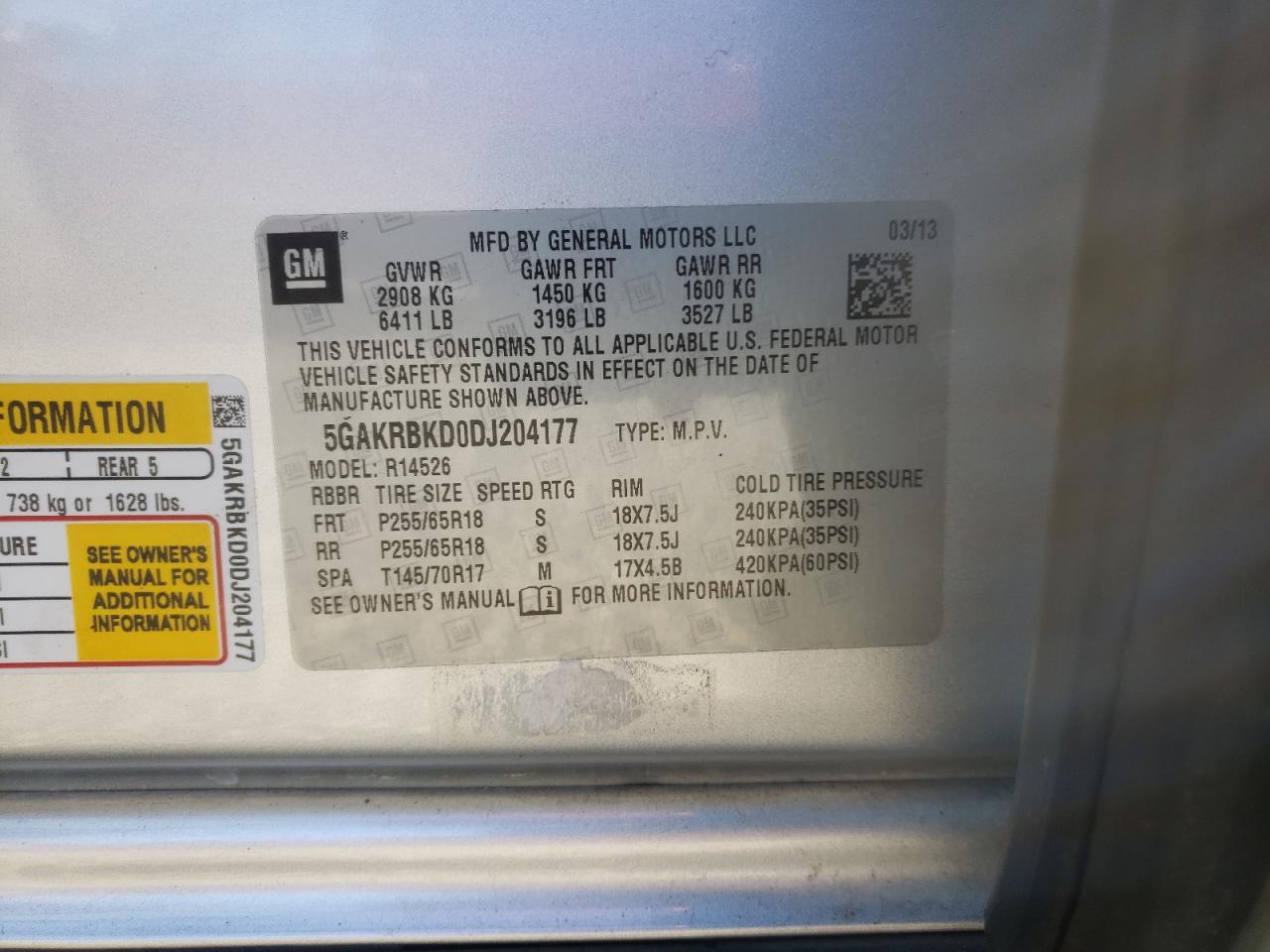 Photo 10 from auction – 2013 BUICK ENCLAVE with VIN 5GAKRBKD0DJ204177