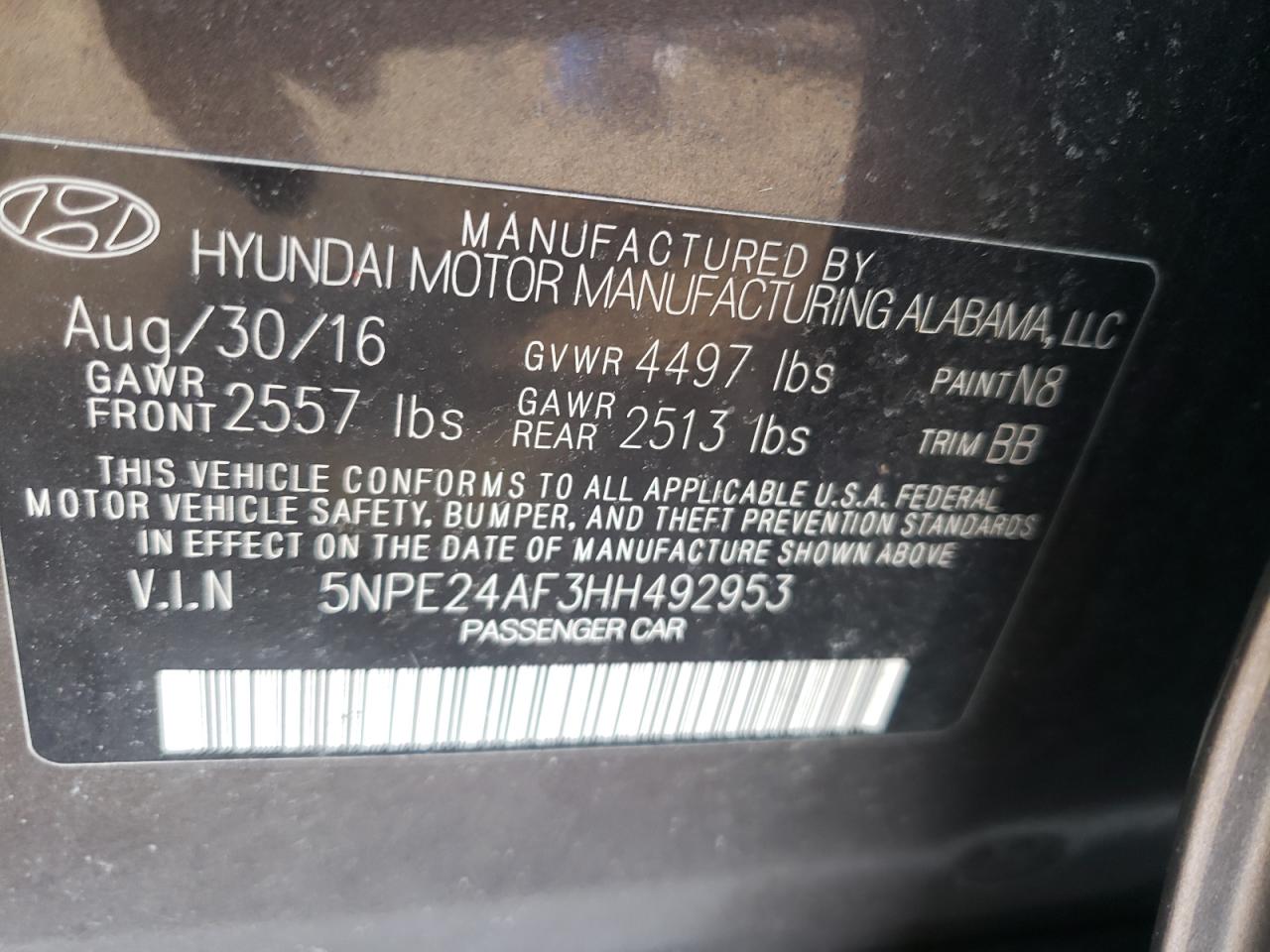 Photo 10 from auction – 2017 HYUNDAI SONATA SE with VIN 5NPE24AF3HH492953
