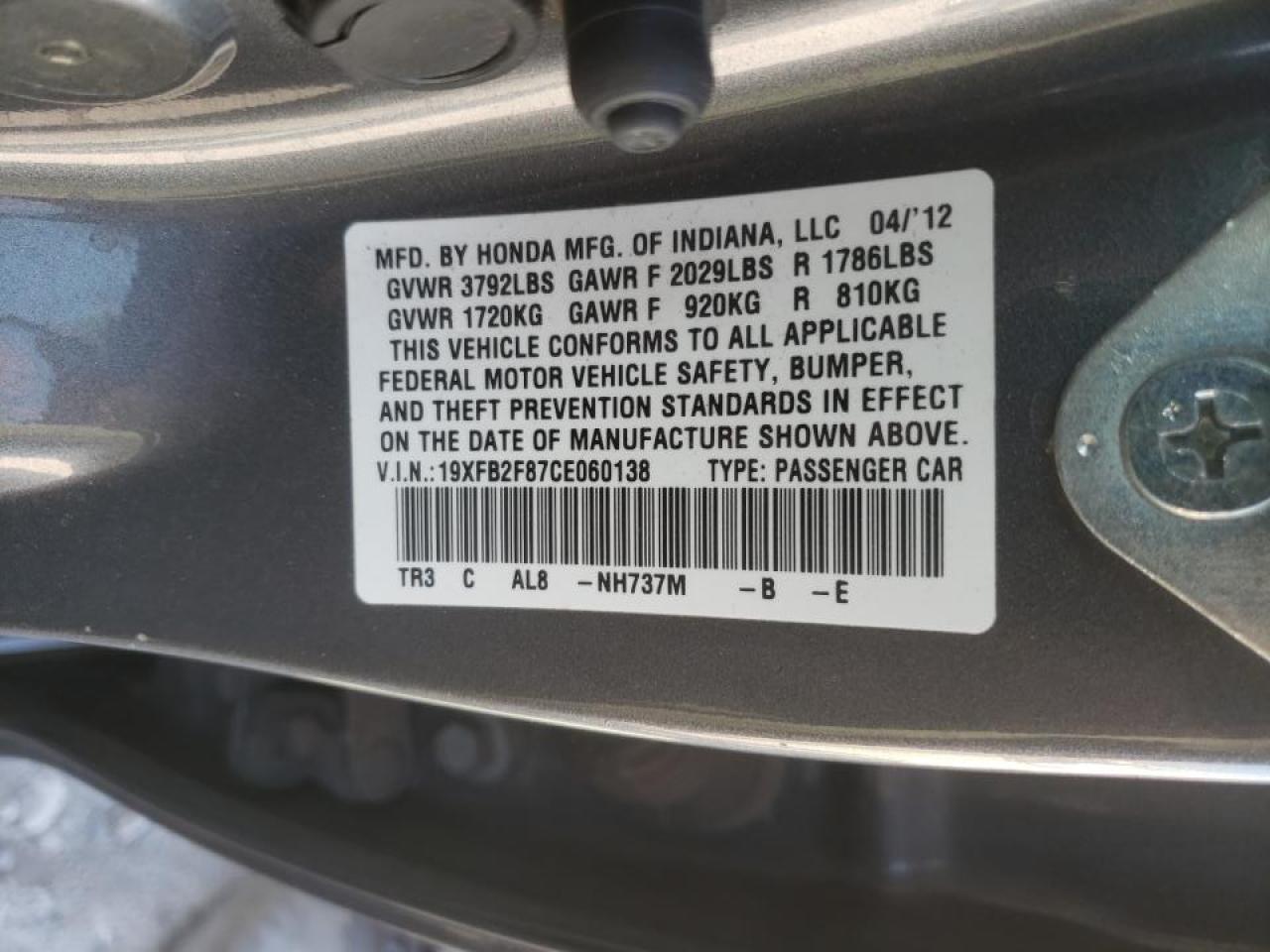 Photo 10 from auction – 2012 HONDA CIVIC EX with VIN 19XFB2F87CE060138