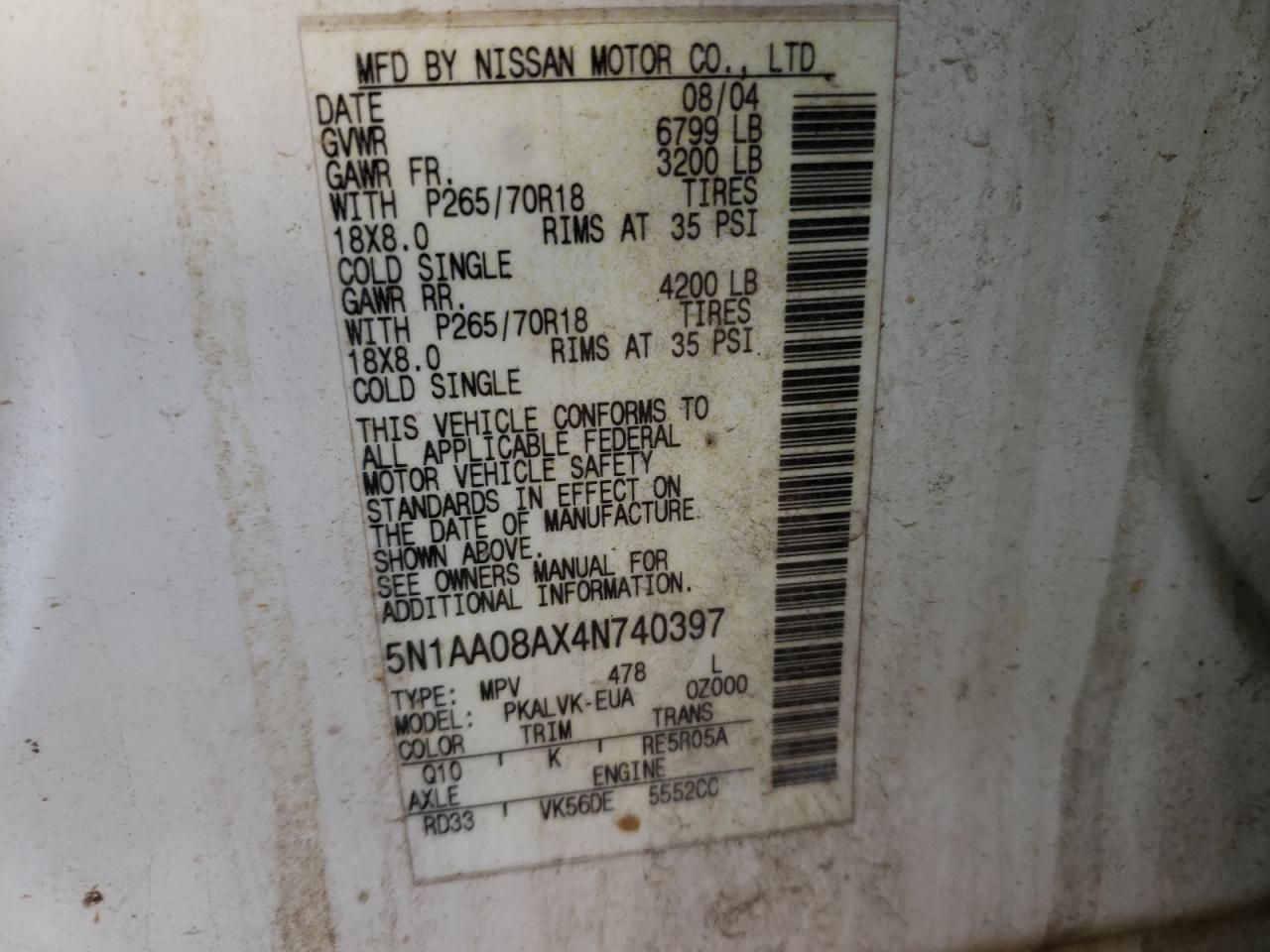 Photo 10 from auction – 2004 NISSAN ARMADA SE with VIN 5N1AA08AX4N740397