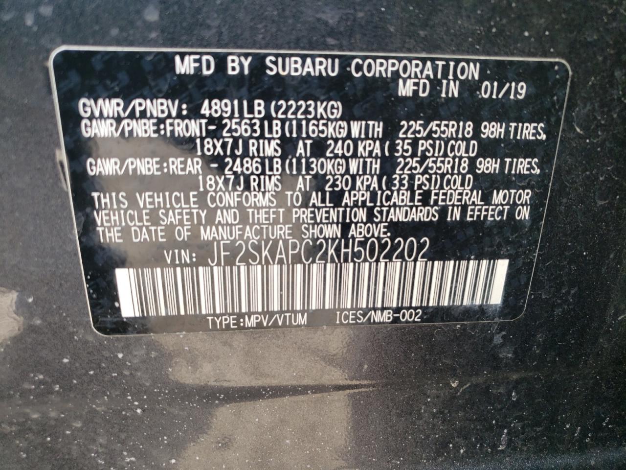 Photo 10 from auction – 2019 SUBARU FORESTER S with VIN JF2SKAPC2KH502202