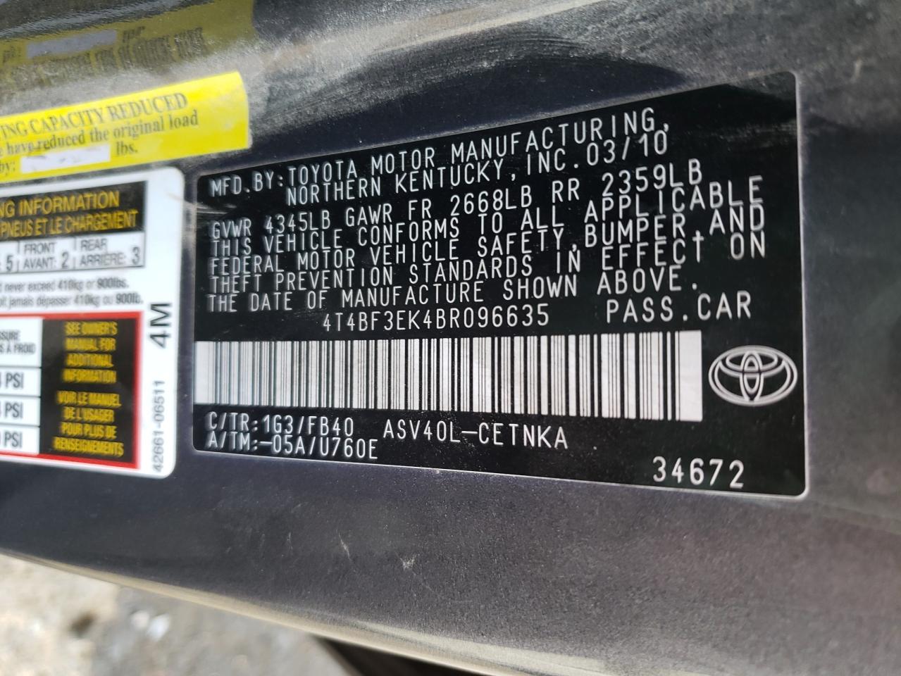 Photo 10 from auction – 2011 TOYOTA CAMRY with VIN 4T4BF3EK4BR096635