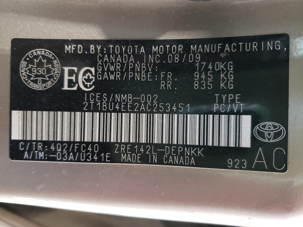 Photo 10 from auction – 2010 TOYOTA COROLLA BA with VIN 2T1BU4EE2AC253451